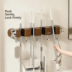 Wall-Mounted Suction Broom Holder, Adjustable Mop and Broom Stand, Super Non-Slip, Heavy-Duty Tool Storage Bag, 4 Shelves with 5 Hooks, Wall Organizer, Adjustable Hook System