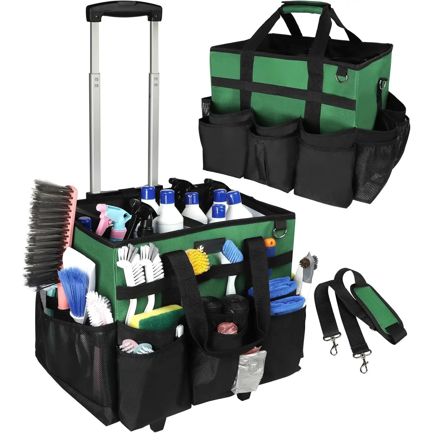 Large Rolling Cleaning  Bag with Wheels, Cleaning Bag with Detachable Trolley, Cleaning Bags on Wheels for Housekeepers, Cleaning Cart Supplies Organizer for Home, , Picnic (Green)