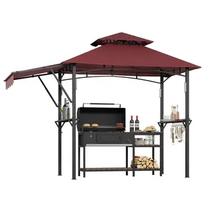 9x5 ft Grill Gazebo with Side Awning, Double-Tier BBQ Canopy with 2 Side Shelves, 4 LED Lights,10 Hooks & Bottle Opener, Heavy-Duty Outdoor Grill Shelter for Patio, Backyard, Garden, Deck,Claret