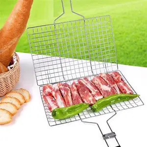 304 Stainless Steel BBQ Mesh Non Stick Grilling Basket Grill Mesh Mat Meat Vegetable Steak Picnic Party Barbecue Tool Utensils Iron Wire Barbecue Grilling Basket BBQ Net Wooden Handle Meat Fish Clip Holder Metal Steel