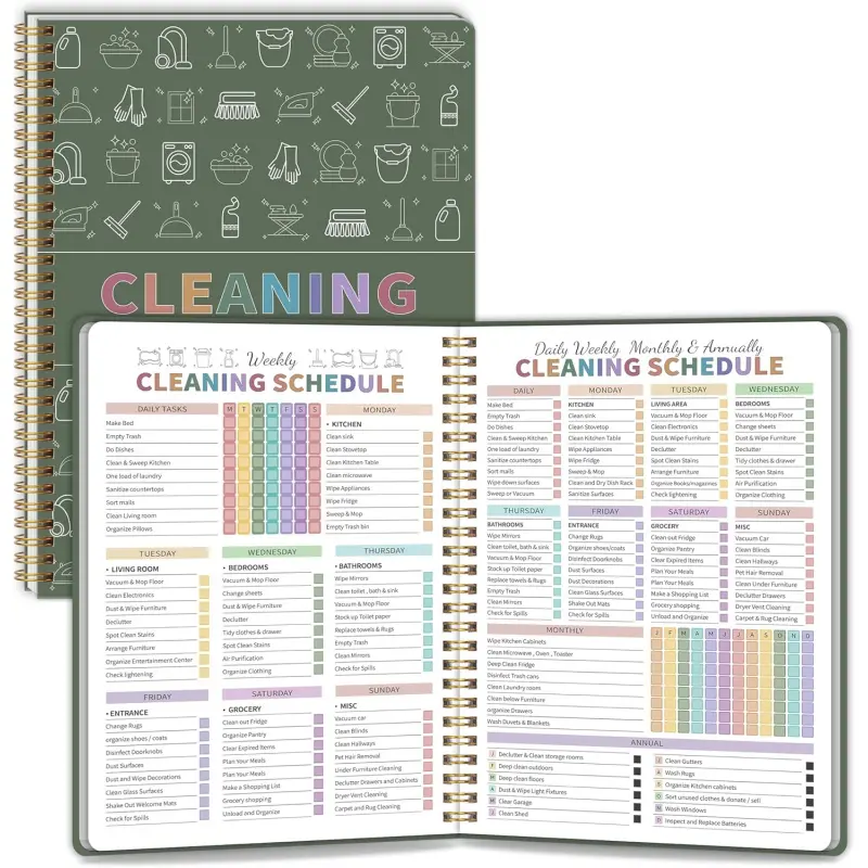 Adult Women's ADHD Cleaning Plan, Cleaning Schedule and Checklist Notebook, Daily, Weekly, Monthly Home Cleaning Checklist, Household Cleaning Planner, Green Spiral Bound Planner