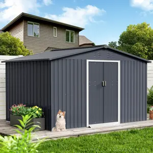 GARVEE 8x10 Ft Metal Storage Shed with Pitched Roof & Lockable Door, Outdoor Weatherproof Yard Tool Storage Shed for Organizing Bike, Lawn Mower, Tools and Equipment in Backyard, Yard, Lawn, Grey