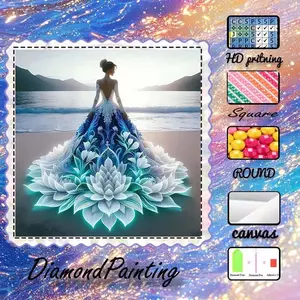 DIY 5D Velvet Diamond Painting Kit, AB Drills, Fairy Dust Drills, Crystal Drills, Dress, Lotus, Blue, Diamond Embroidery, Special Craft Art Kit, Handmade Gifts, Wall Decoration, Gift for Family, Lovers, Friends