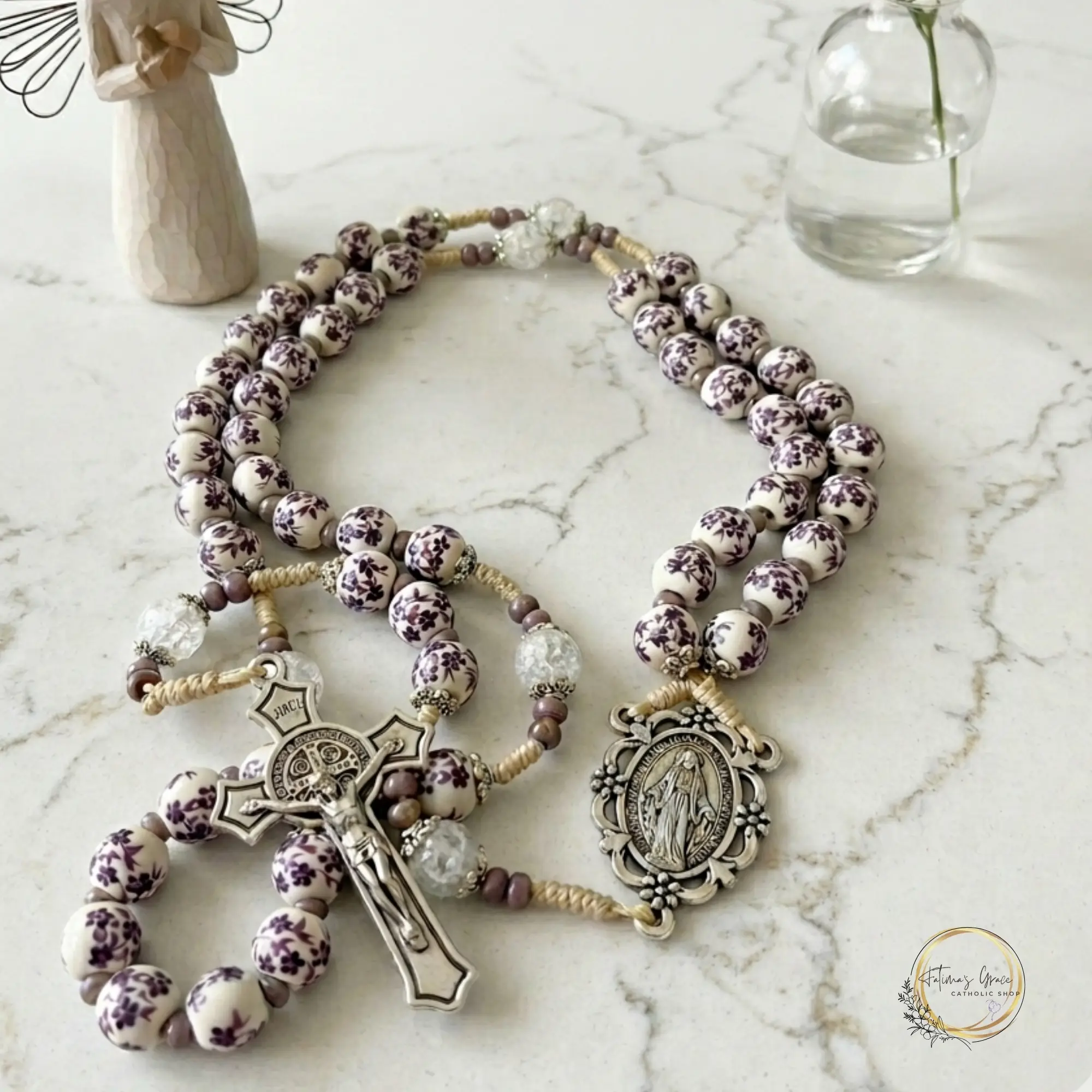 Handmade Purple Floral Porcelain Rosary, Natural Quartz Stone Beads, Vintage Style Catholic Gift