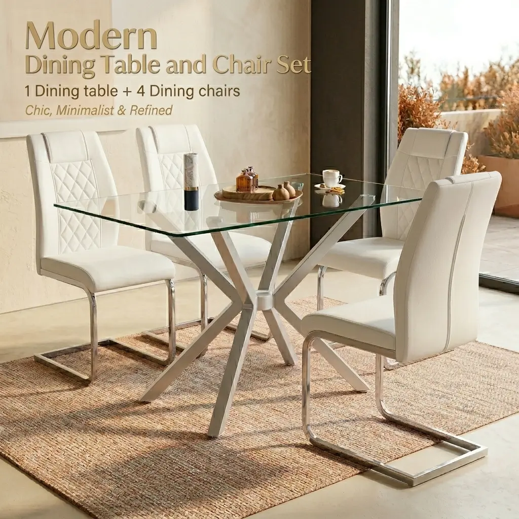 [2 Packages] Modern Silver 5PC Indoor Dining Set - Tempered Glass Table, 4 PU Leather Ergonomic High-Back Chairs, Adjustable Sturdy Space-Saving Combo for Kitchen, Fast Shipping, White & Silver