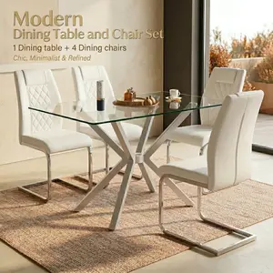 [2 Packages] 5PC Modern Silver Dining Set: Tempered Glass Table + 4 PU Leather High-Back Chairs, Space-Saving Combo for Kitchen & Dining Room,White  and  Silver.