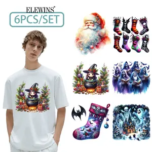 6-Piece Halloween Iron-On Transfer Stickers Set, Cute & Spooky Designs Including Bat, Candy Stick, Snowflake, Perfect for DIY Crafts