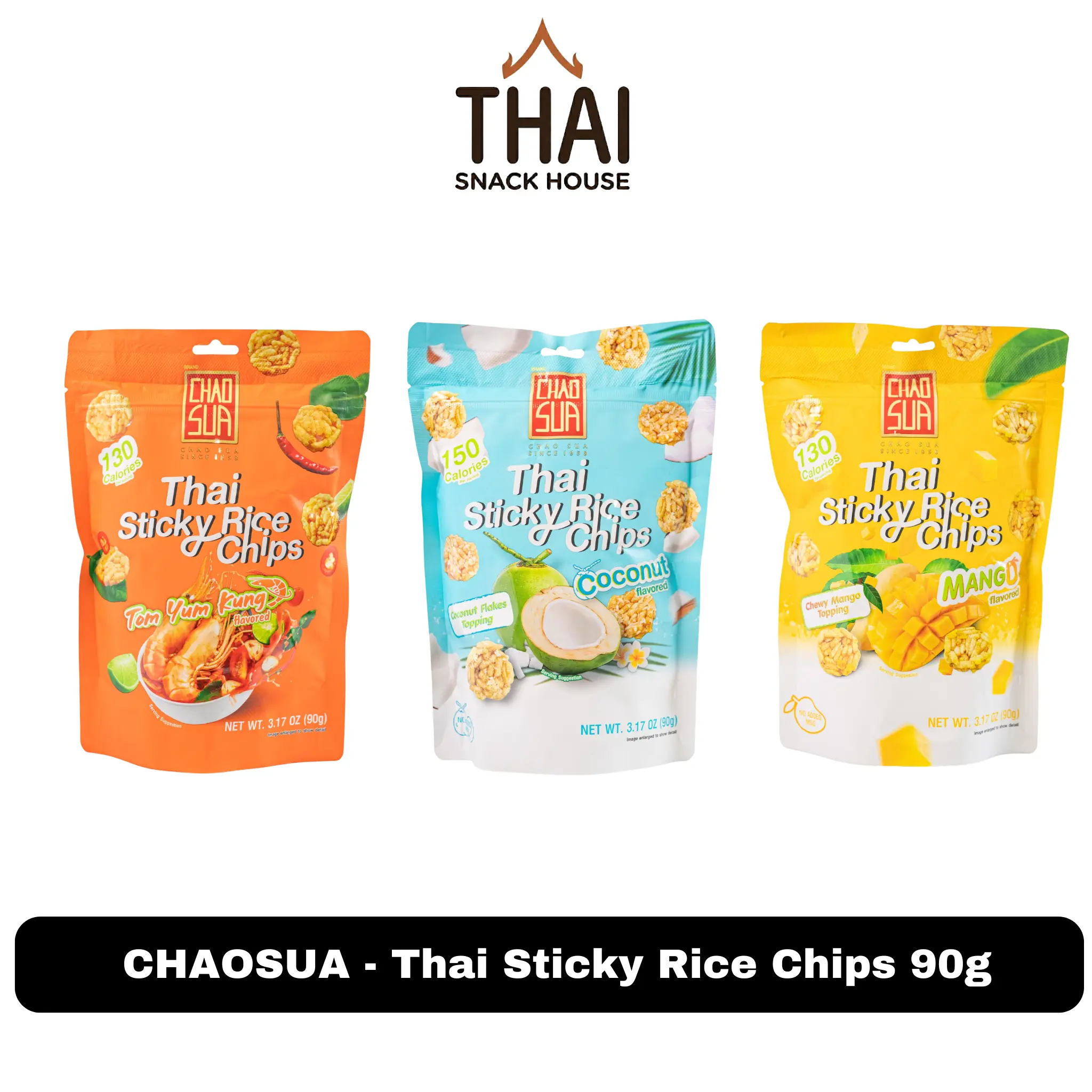ChaoSua Thai Sticky Rice Chips 2-Pack (90g Each) - Crispy, Crunchy Flavorful Snack Pack, Exotic Crisps with Tom Yum Kung, Coconut, Mango Varieties, Asian Flavored Snacks