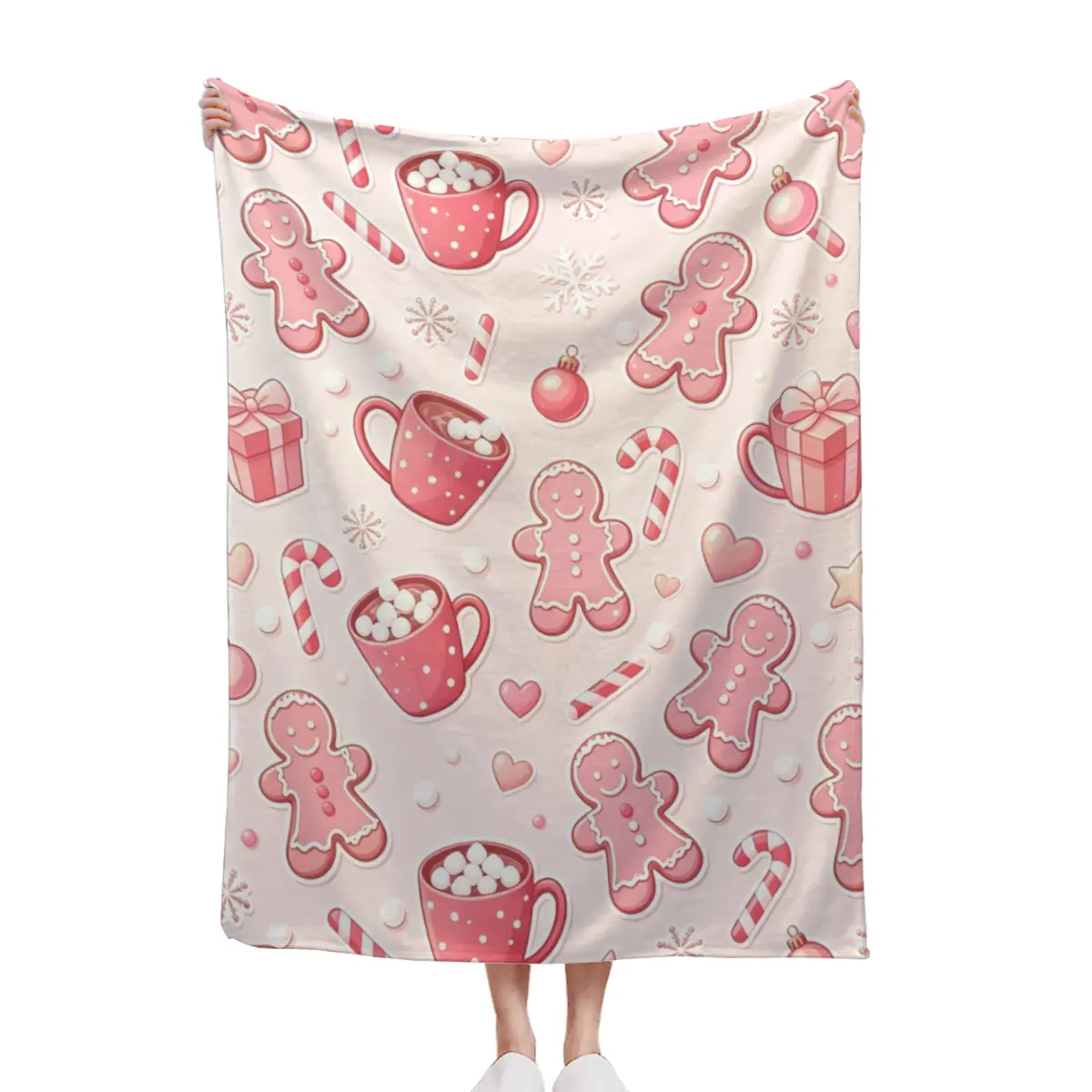 Pink Gingerbread Man Christmas Throw Blanket, Cute Pastel Pink Festive Cozy Holiday Quilt, Anti-Allergic Textile Soft Furnishing Bedding Linen, Anti-Allergic Quilts