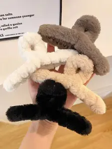 4pcs women's plush hair claws, autumn and winter fashionable hair accessories, Maillard color series, suitable for offices, campuses, holiday gifts, daily leisure hair accessories, Fuzzy Hair Clip, Ponytail Claw Clip