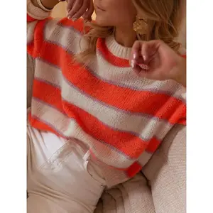 Women's Striped Colorblock Sweater, Casual Loose-Fit Long Sleeve Pullover, Soft Knitted Top for Fall & Winter, Versatile Daily Wear