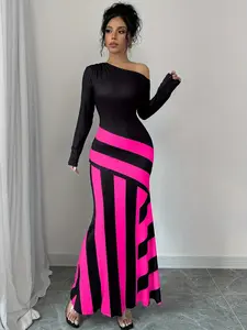 A women's sexy and elegant geometric stripe design black pink contrast cross-shoulder long-sleeved fishtail women's long dress is suitable for single wear, interior and exterior wear, suitable for retro modern style, party fashion style and other stylings