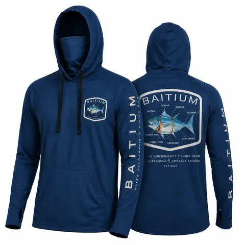 Baitium Fishing and Construction Shirts - Hooded UPF 50 Long Sleeve with Gaiter - Lightweight, Breathable, Moisture-Wicking, Premium Outdoor Wear for Men