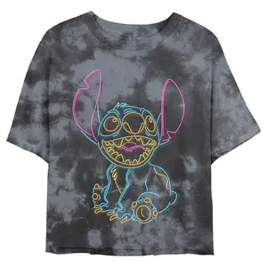 Junior's Women Lilo & Stitch Bright Neon Outline Crop T-Shirt
