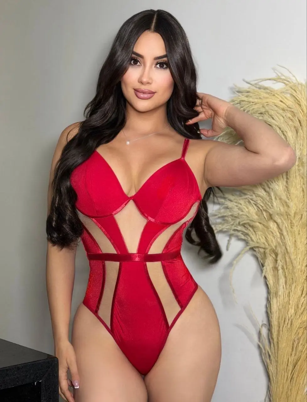 Bodysuit Intensa - Red Black Bodycon Bodysuit with Cut-Out Design and Strappy Details for a Bold Look