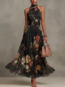 2026 New French Floral Print Fitted Knee-Length Dress, Elegant Fashion Pleated Wrap Dress, Contrast Mesh Asymmetrical Split Backless Dress