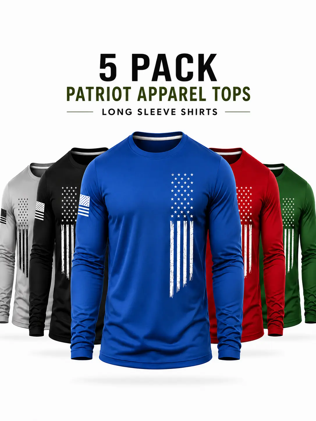 Men's 5-Pack Stretchy Washable Sports Sweatshirts, Long Sleeves Patriotic Crew Neck All-Seasons Casual Tops for Gym, Running (Do Not Dry Clean, US Pride)