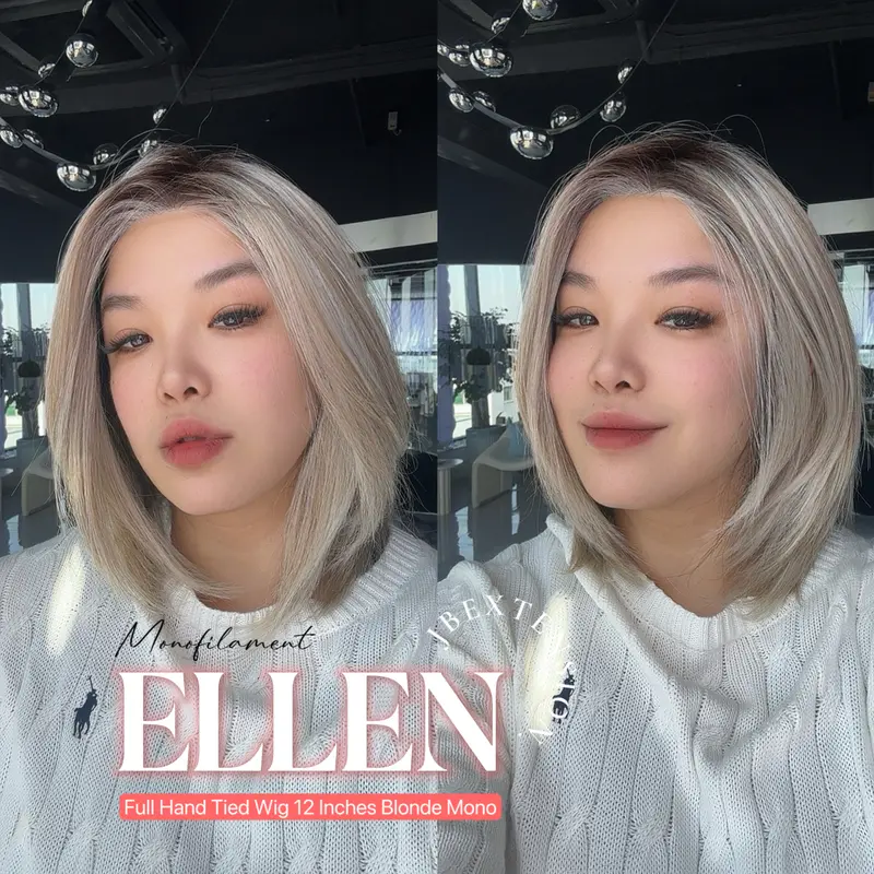 JBEXTENSION ELLEN MONO Full Monofilament Handmade Full Lace Full Hand Tied Wig 12 Inches Blonde Mono Lace Handmade Futura Fiber Wig Glueless Wig ELLEN MONO【BENDY EAR TABS】