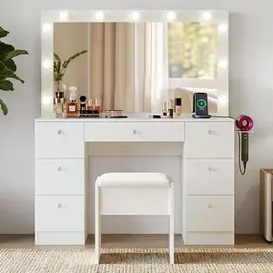 SweetGO 46" LED Lighted Makeup Vanity Desk with Glass Top, 7 Smooth-Glide Drawers, USB & AC Charging Station, Adjustable 3 Light Modes, Cushioned Stool Included, White