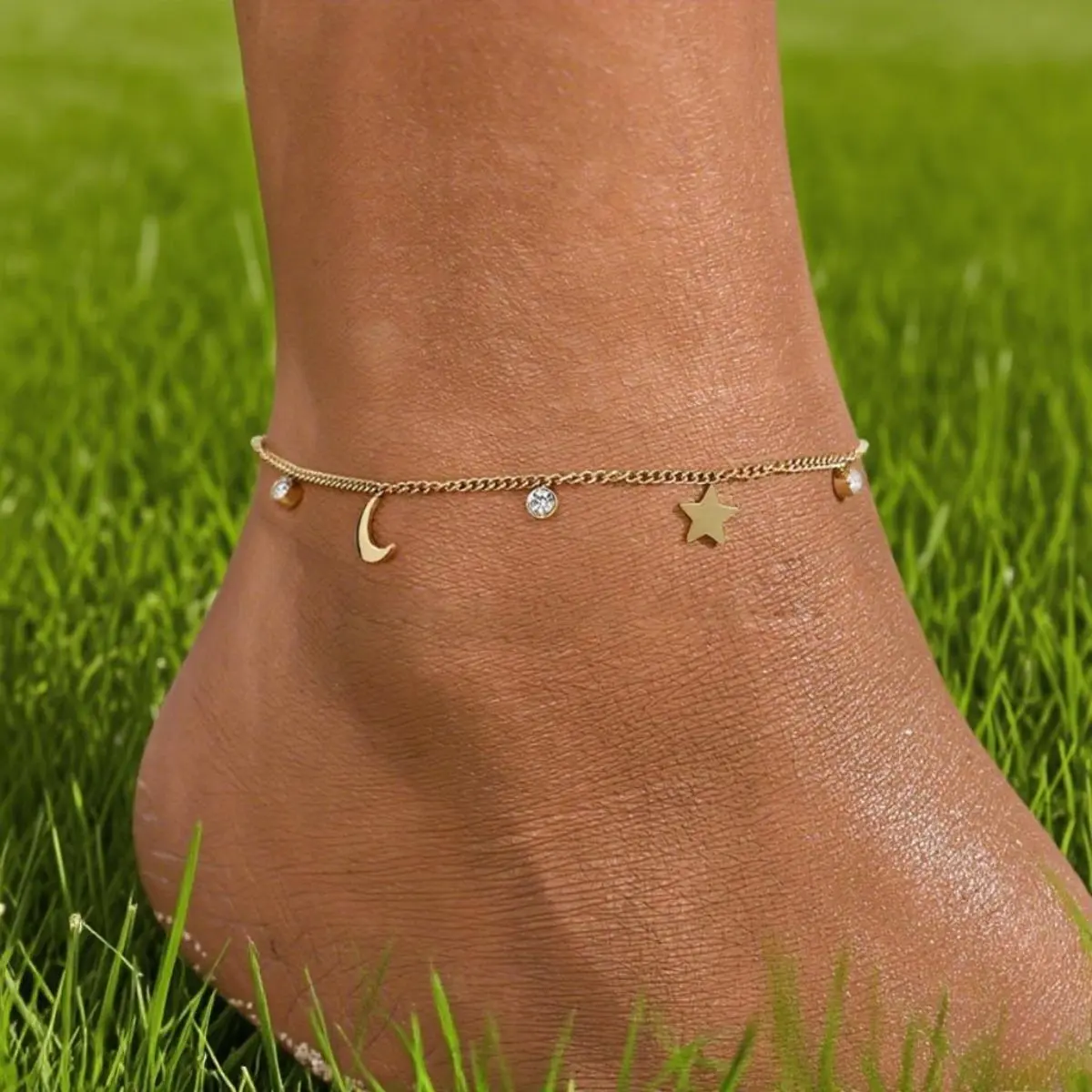 Women's Geometric Star-Moon Stainless Steel Ankle Chain - Synthetic Zircon-Inlaid, Shiny Finish, Minimalist Fashion Dainty Layered Anklet, Ideal for Beach Vacations, Costume Jewelry Accessory