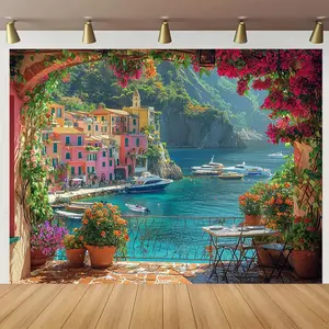 2D Flat, 1pc Italian Coastal Landscape Wall Banner - Mediterranean Seaside Backdrop Suitable for Birthdays, Weddings, Parties, Lightweight Easy-Hang Italian Village Panel, No-Electricity Decor, Ita