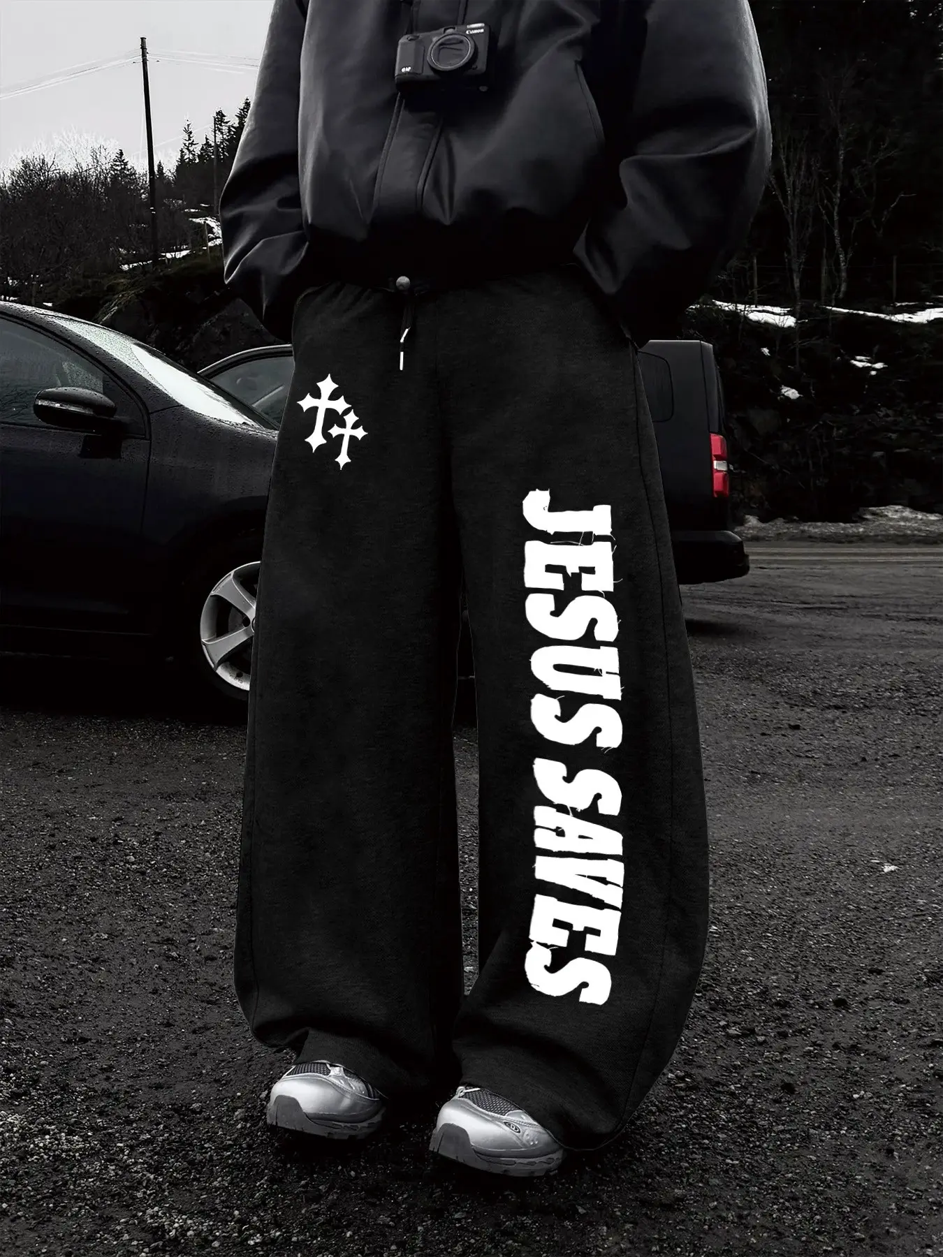 Men's Casual Sporty Long Pants, Jesus Cross Print Drawstring Wide Leg, Loose Fit All Seasons Fashion, Men's Clothing, Athleisure Style Bottoms