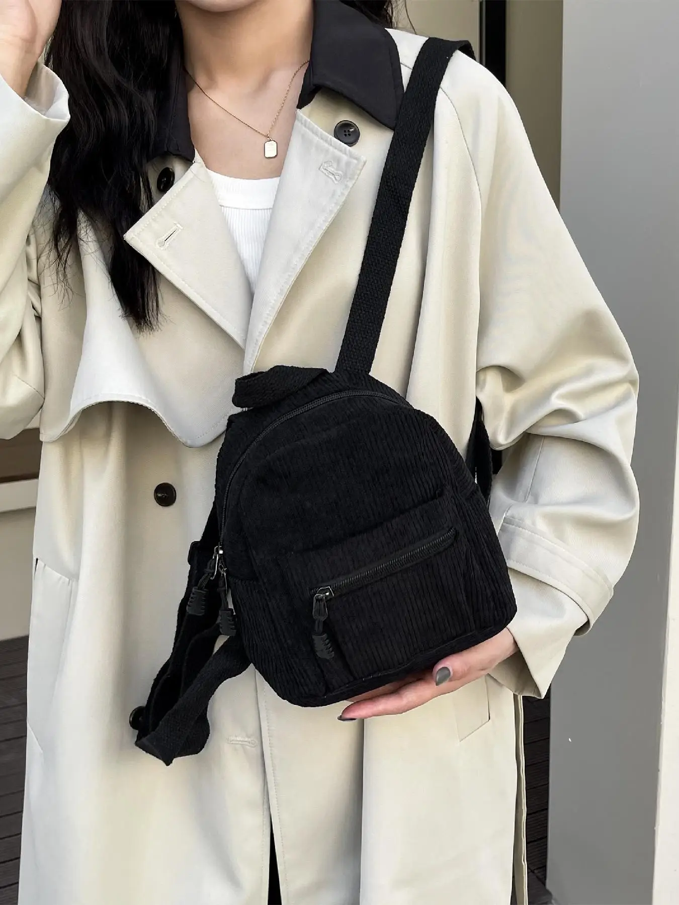 Women's Solid Color Corduroy Mini Backpack, Fashionable Casual Versatile Zipper Backpack, Simple Design Backpack for Daily Used