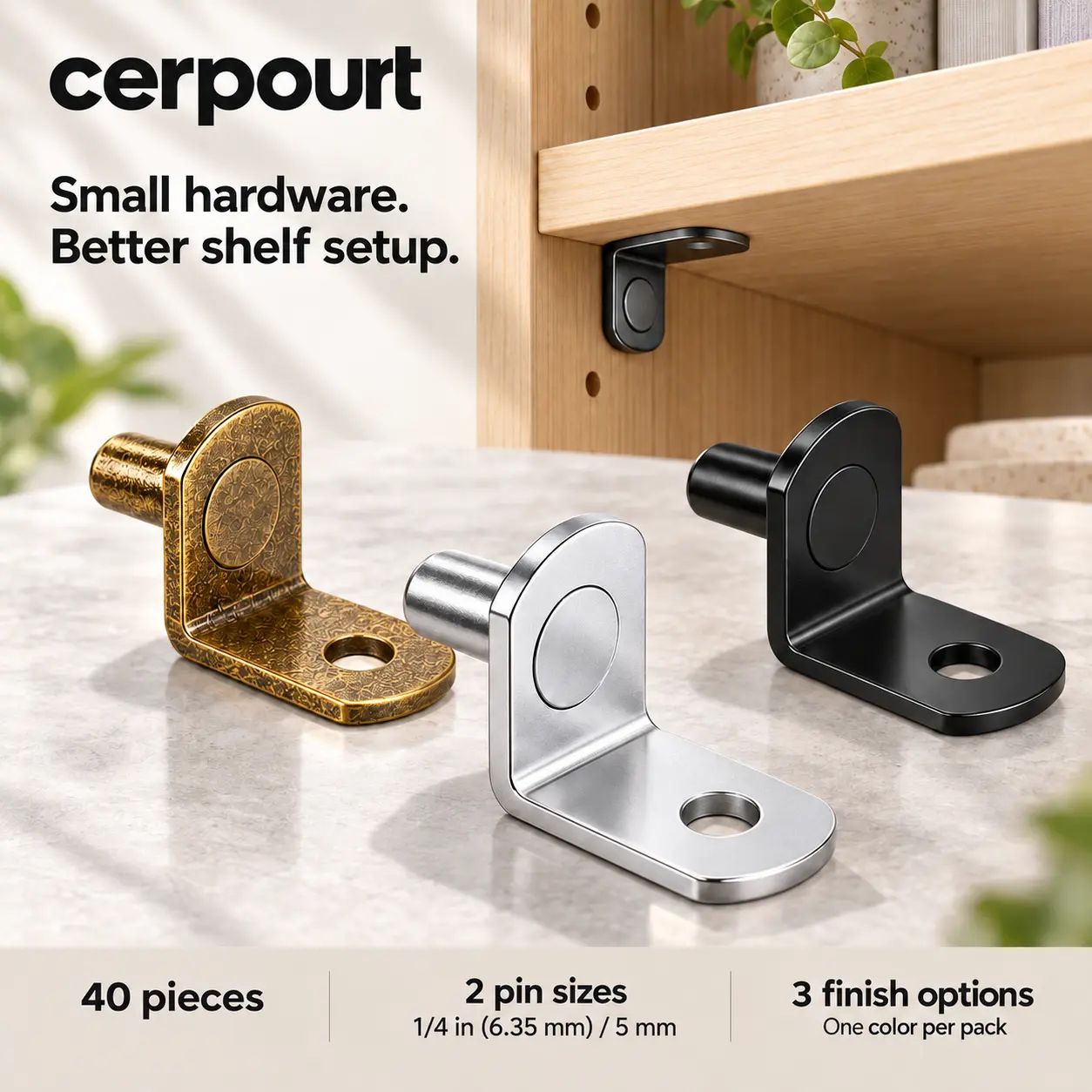 40PCS 1/4 Inch Shelf Support Pins, L-Shaped Metal Cabinet Shelf Brackets with Screw Hole, 6.35mm Shelf Pegs for Cabinets, Bookcases, Closets & Furniture