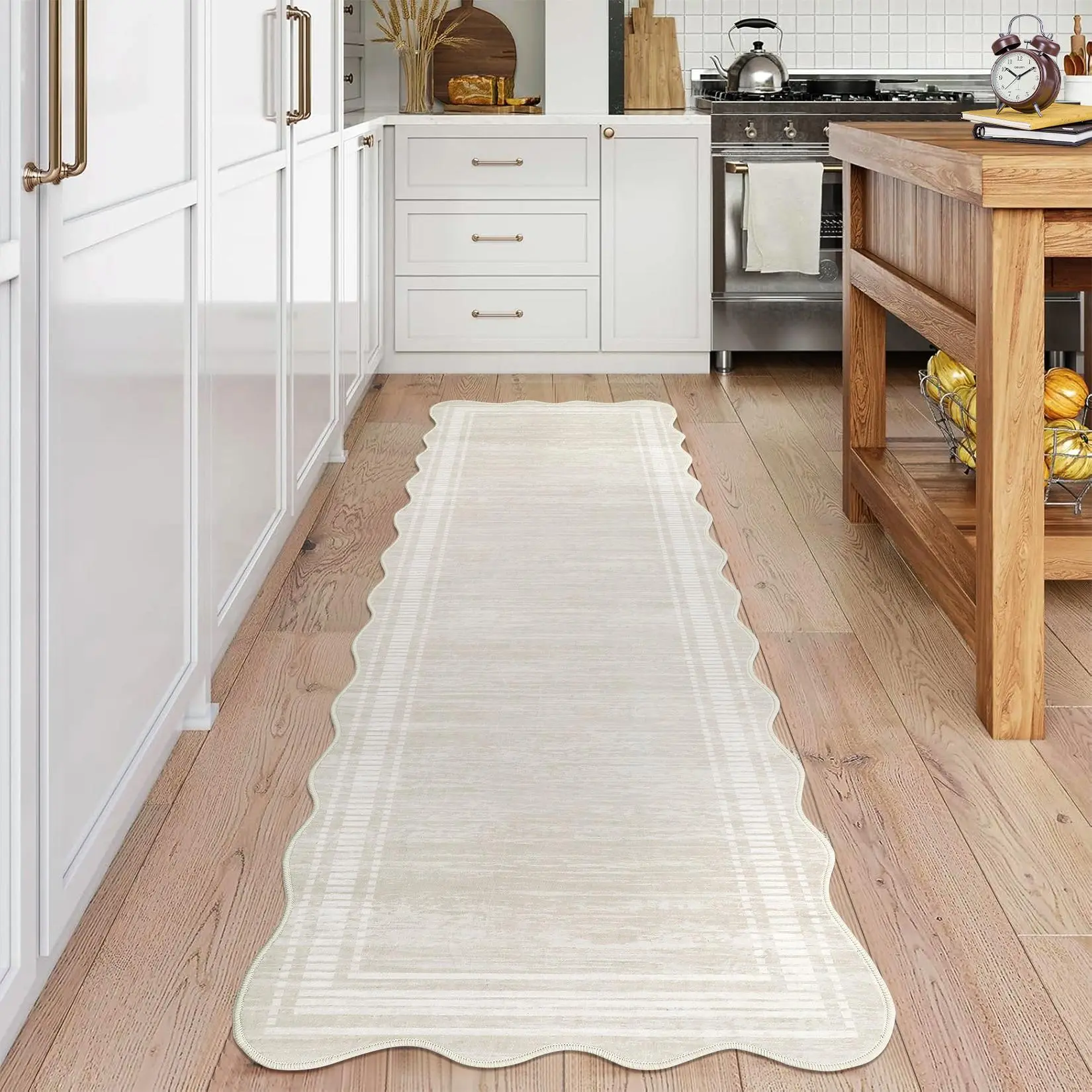 【Christmas Gift】2 x 6 ft Polyester Beige Rectangular Machine Washable Geometric Bordered Laundry Bathroom Kitchen Machine Washable Runner Rug