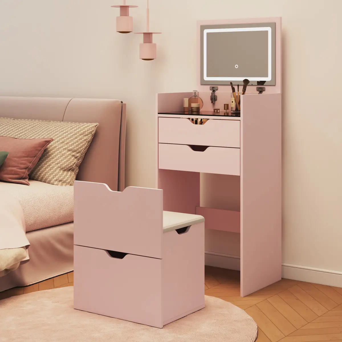 3-in-1 Multifunctional Vanity Makeup Desk Set with Dressing Table, Stool, 3-Color Lighting Modes, HD Mirror, 2 Sliding Drawers, Hidden Storage Stool and Nightstand Combo