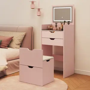 Dressing Table and Stool, 3-in-1 Multifunctional Dressing Table Set, Featuring Three-color Lighting Modes, HD Mirror, Two Sliding Drawers, and a Hidden Storage Stool.