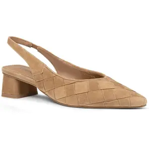 Women's Slingback Heels, Genuine Sheepskin Leather Woven Pointed Toe Block Heel Pumps for Work, Office and Events