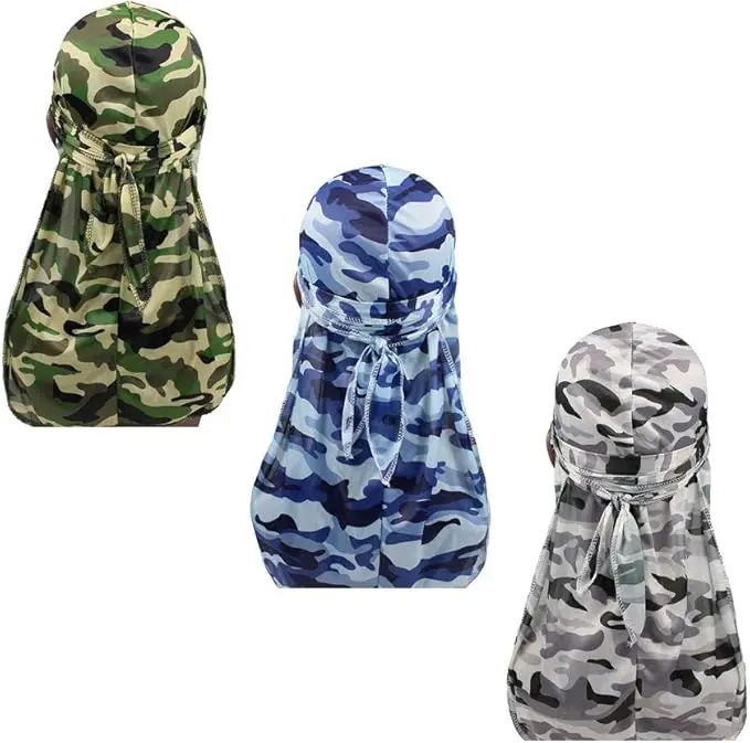 3 Pack Military Camo Silky Long Tail Durags for Men, Premium Chinlon Wrinkle-Free Doo Rags, Camouflage Hair Turbans for Sleep Hip Hop Sports