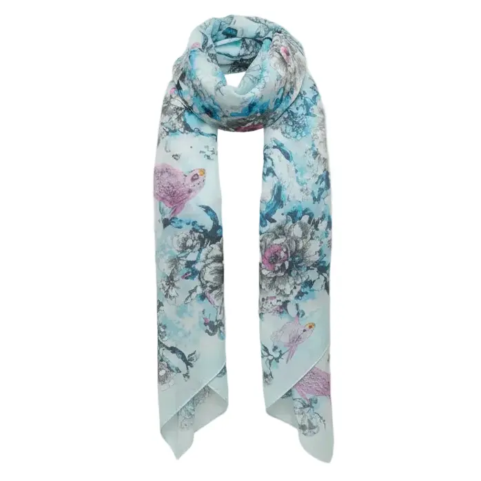 Blue Floral Bird Print Chiffon Scarf – Sheer Lightweight Wrap Shawl 62 x 19 Womens Accessory