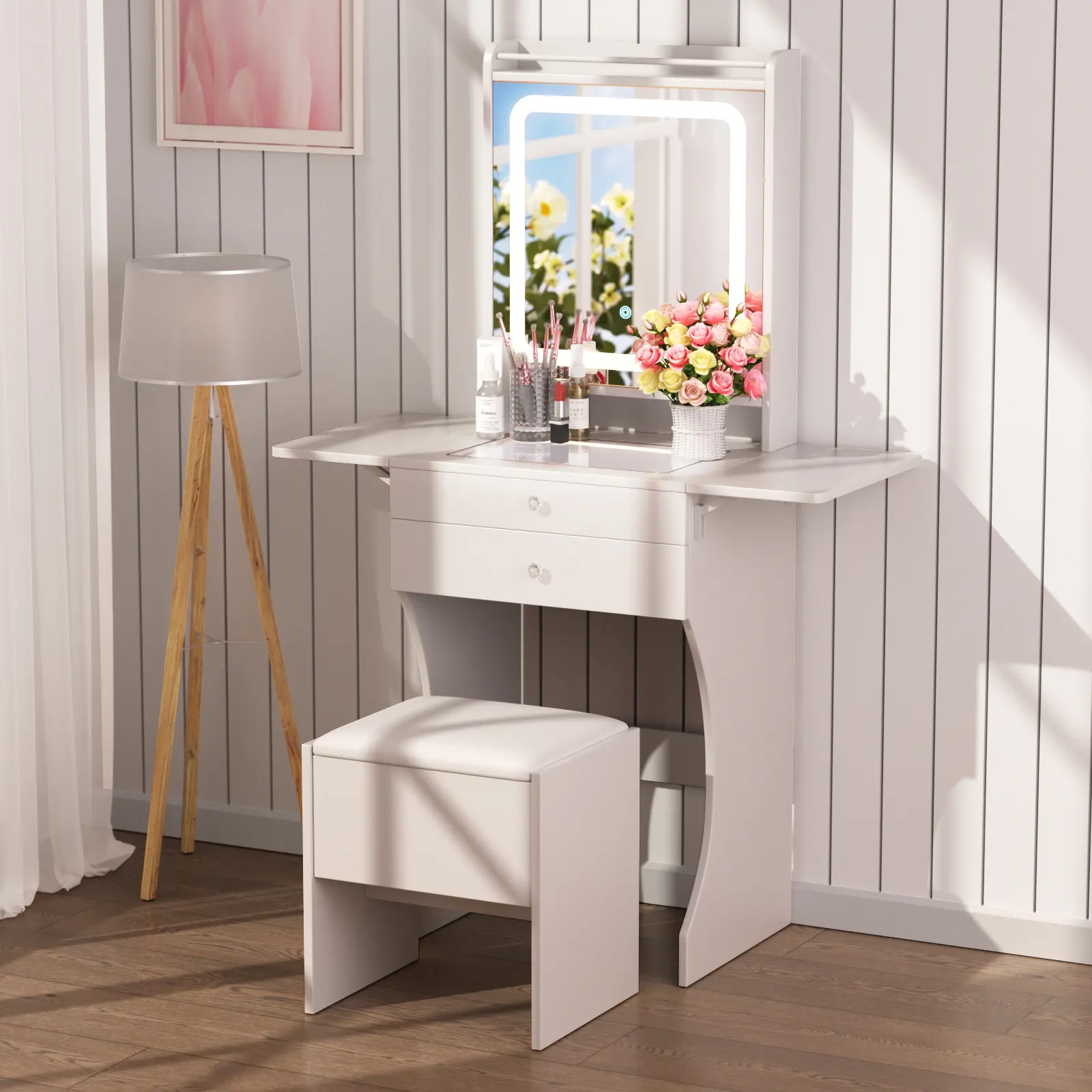 Cream White Minimalist Makeup Vanity Table with LED Light Mirror, Foldable Side Panels, Divided Storage Drawers, Hidden Jewelry Compartment, and Padded Stool - Space-Saving Indoor Furniture for Small Bedrooms, Apartments