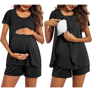 Women's Maternity Nursing Pajamas Set Breastfeeding Sleepwear Double Layer Short Sleeve Top & Shorts Nursing Pjs