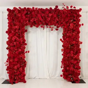 Roll Up Flower Backdrop for Arch Stand - Red with Fabric Backing, 8ftx8ft - Artificial Silk Roses, Hydrangeas & Chrysanthemums for Wedding Backdrop