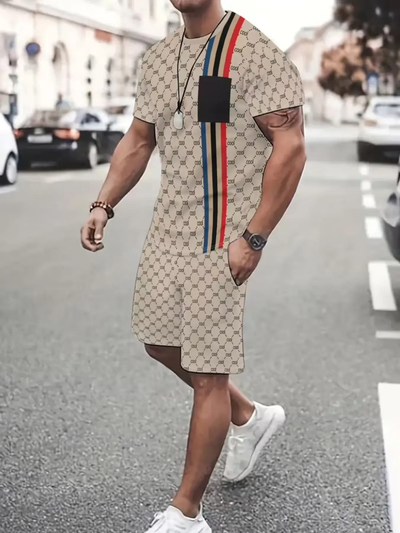 Men's Summer Fashion Geometric Print Short Sleeve T-Shirt & Shorts Set, Casual Loose Fit Two-Piece, Breathable Comfort Daily Wear, Sports, Menswear, Clothes