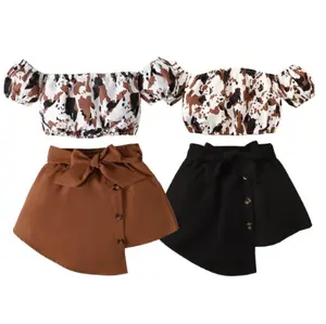 Ready Stock 9m-4y Baby Girls Outfits Off The Shoulder Camouflage Print Tops Irregular Skirts Brown 122110018
