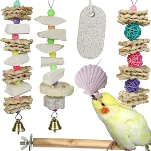 Parrot chewing toys (6-piece set) made of natural squid bones, beak trimmers, grinding stones, volcanic stones, and calcium stones for bird perches and cage toys, suitable for small to medium-sized budgies, cockatiels, conures, and lovebirds