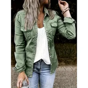 Women’s solid-color long-sleeve button-up denim shirt in retro style with flap pockets; women’s denim jeans and clothing