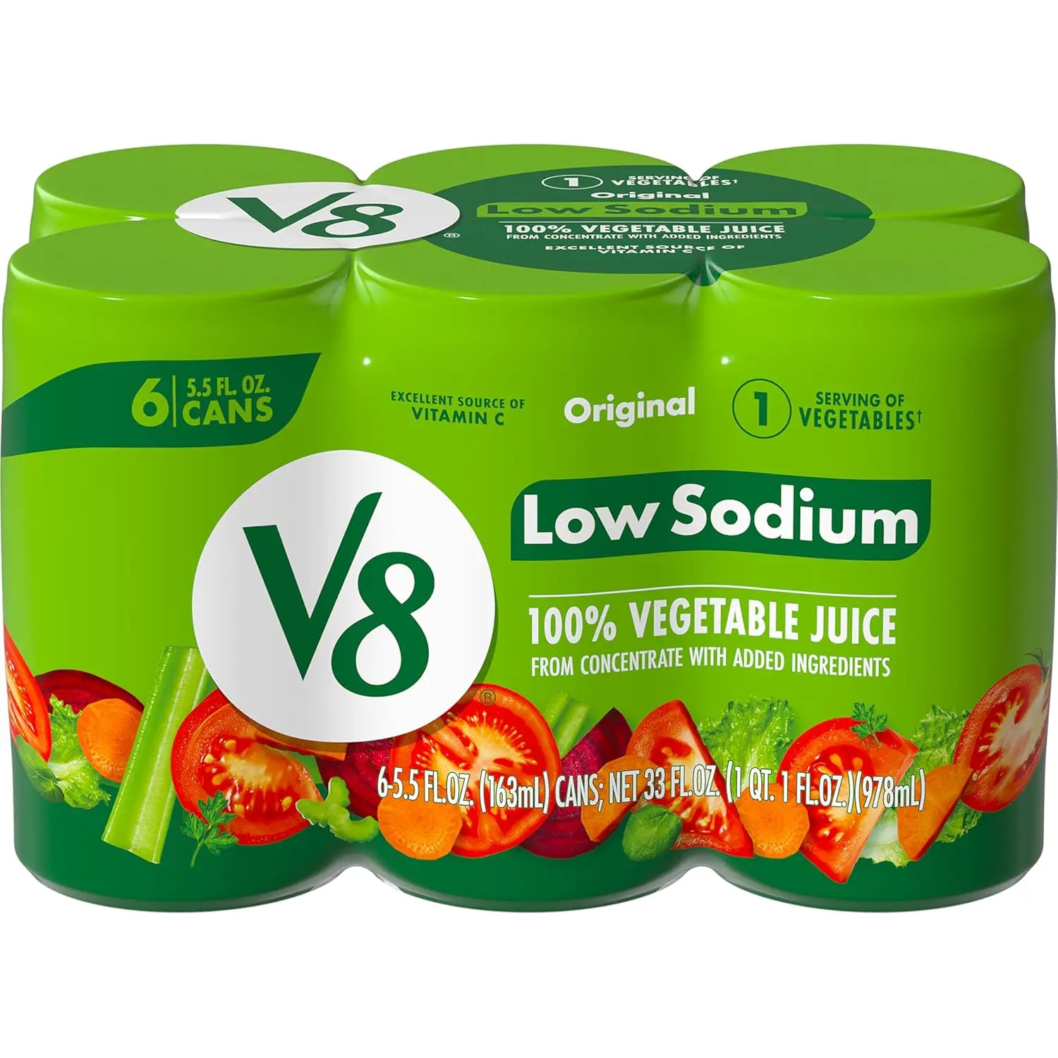 V8 Low Sodium Original 100% Vegetable Juice, 5.5 fl oz Can (6 Pack)