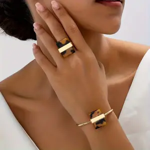 Tortoiseshell Geometric Jewelry Set 14K Gold Plated Statement Ring & Cuff Bracelet Minimalist Square Stackable Set for Women Fashion Everyday Jewelry Gift