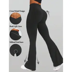 High Waist Flared Pants Daily Fitness Sports, Women Butt Lifting Yoga,Women's High-Waisted Cross Design Flared Suitable