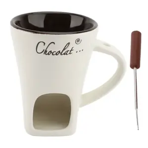 Mini Ceramic Chocolate Fondue & Butter Melting Mug Set with Chocolat Design and Convenient Handle