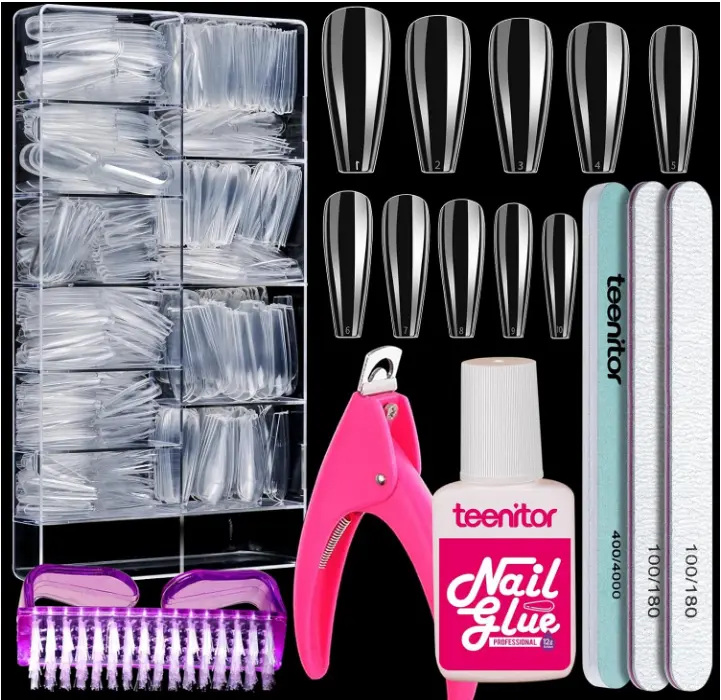 Teenitor Clear Coffin Nail Tips Set, Long Acrylic Nail Kit Full Cover Clear Press On Nails, 600 Pcs Fake Nails with Glue, Acrylic Nail Clipper Files and Buffer Polisher