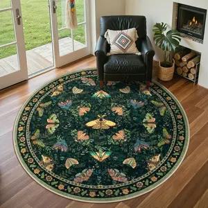 Round Carpet Spring Plant Insect Design Floral Rugs, Soft Comfortable Non-Slip Washable Rug, Home Decor Living Room Bedroom Bathroom Kitchen