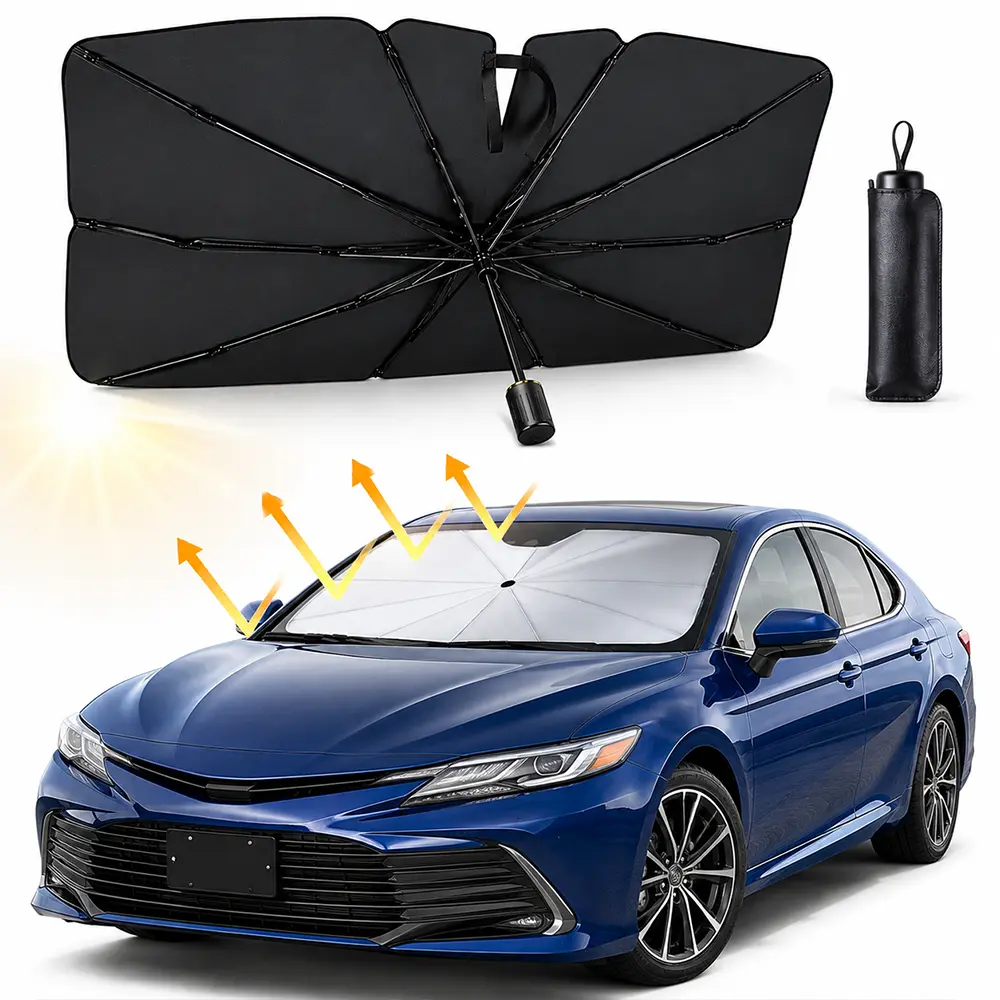 Car Windshield Shade Umbrella, Large Upgraded Reflective Foldable Pop-Up Auto Front Window Cover, 99% UVA-UVB Blocker, Heat Insulation, Cooling Anti-Aging Accessory for Sedan SUV, Portable Summer Automotive Interior Item