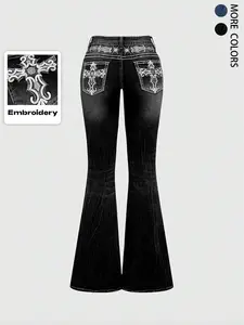 Grunge Punk Y2K Retro Pocket Cross Wings Embroidered Flare Leg Fitted Stretch Jeans 2026 Women's Bootcut Fashion Denim Vintage Low Rise    （Translation note: The text appears to be a product description of a pair of jeans, featuring multiple design elemen