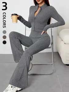 Women's Sports Set with Zipper Long Sleeve Shaping Top, Butt-Lifting Bell-Bottom Trousers, Outdoor Seamless Leisure Suit